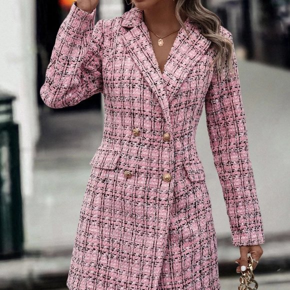 Pink Preppy Womens Plaid Pattern Double Breasted Tweed Overcoat - Picture 1 of 5
